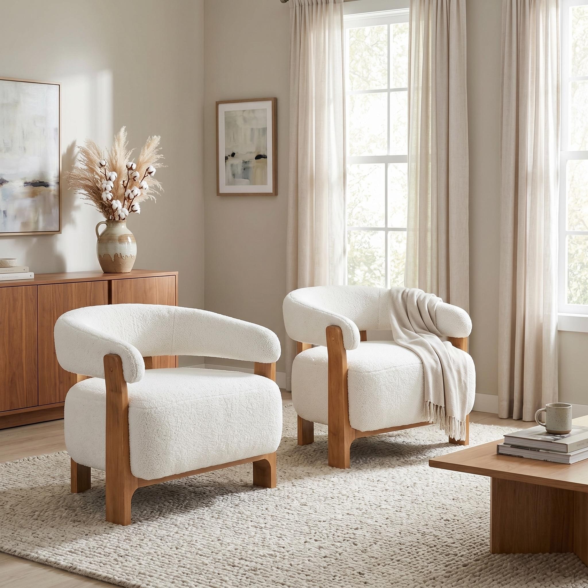 Christopher Knight Home - Set of 2 Boucle Upholstered Wooden Frame Barrel Chair with Curved Arms and Ergonomic Comfort