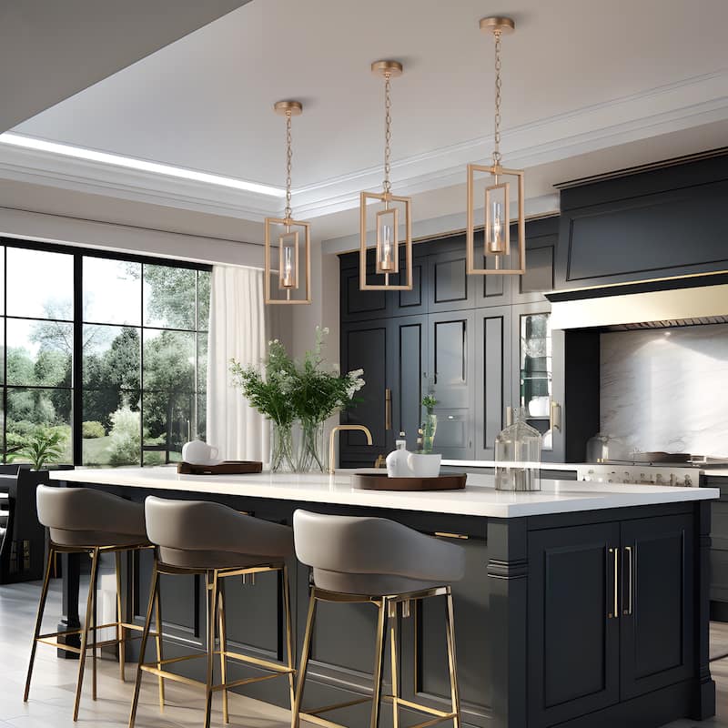Mid-century Modern Gold Lantern Pendant Farmhouse Dimmable LED Rotatable Kitchen Island Light with Cylinder Glass