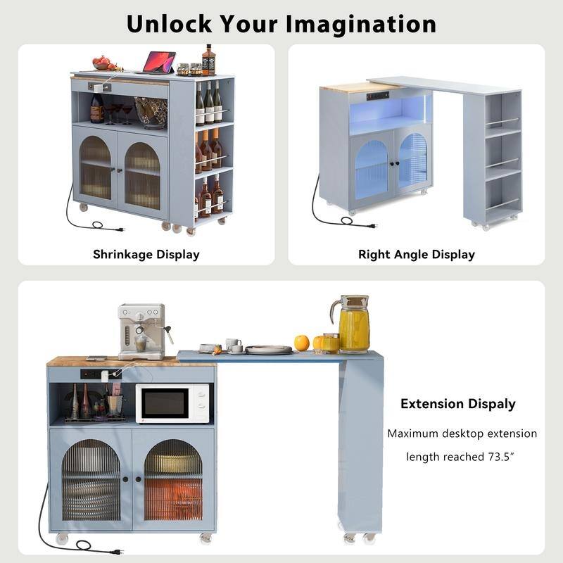 Kitchen Cart with Movable Extended Table,Kitchen Island on Wheels with Power Outlets,2 Fluted Glass Doors,3 Open Shelves