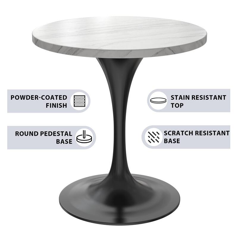 LeisureMod Verve 27" Round Dining Table with Sintered Stone TableTop and Black Steel Base for Kitchen & Dining Room - 27.56