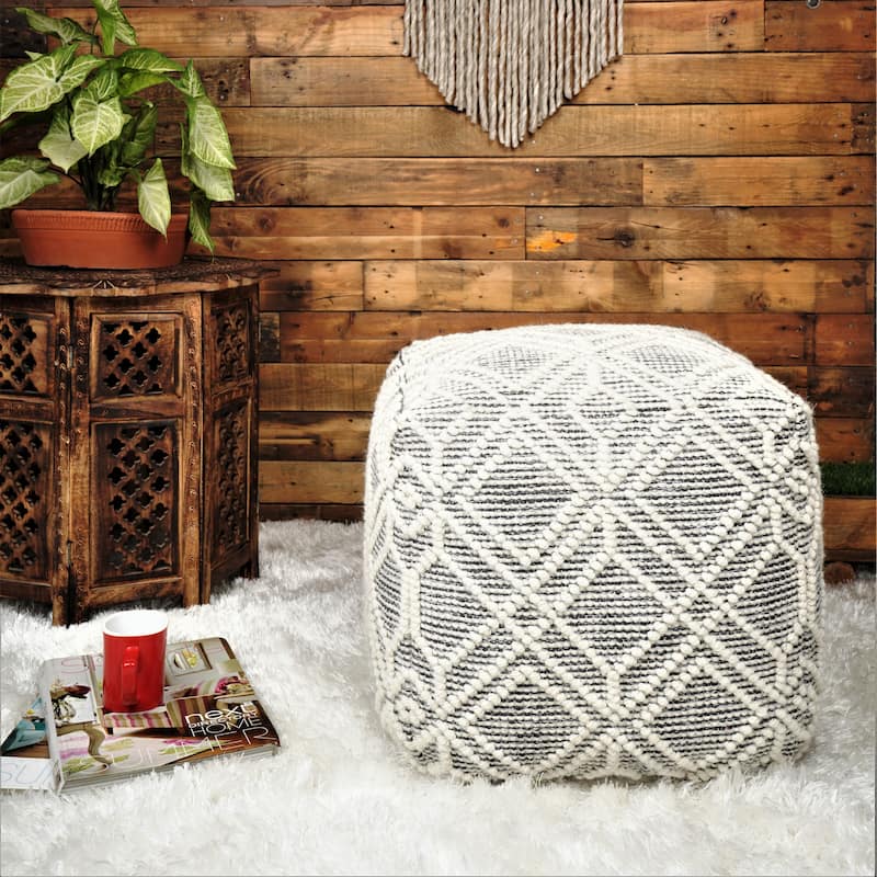 Loominaire handmade Addo wool, cotton natural fiber pouf footstool for living room bed room and family room (16"x16"x16")