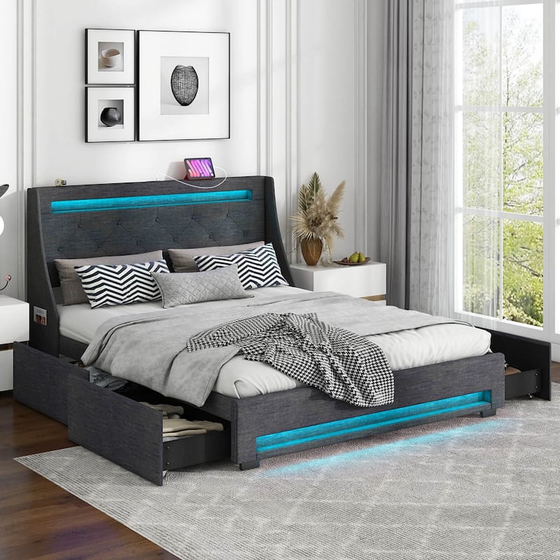 Costway Full/Queen Size Bed Frame with LED Lights & Charging Station