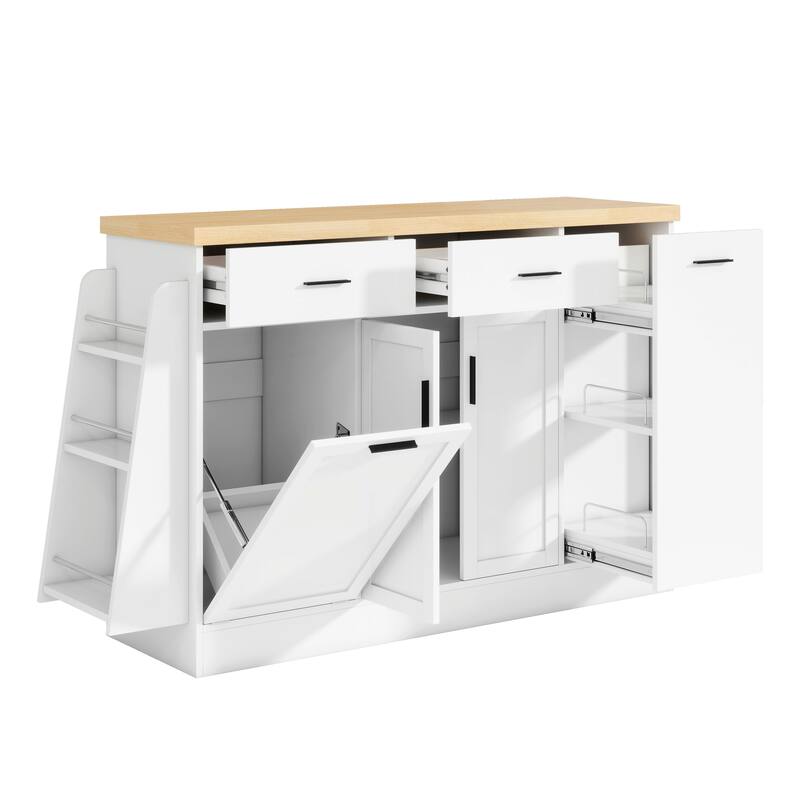 Kitchen Island, Multi-Functional Kitchen Sideboard - Storage Cabinet with Trash Can Holder, Sliding Door & 3-Tier Spice Rack