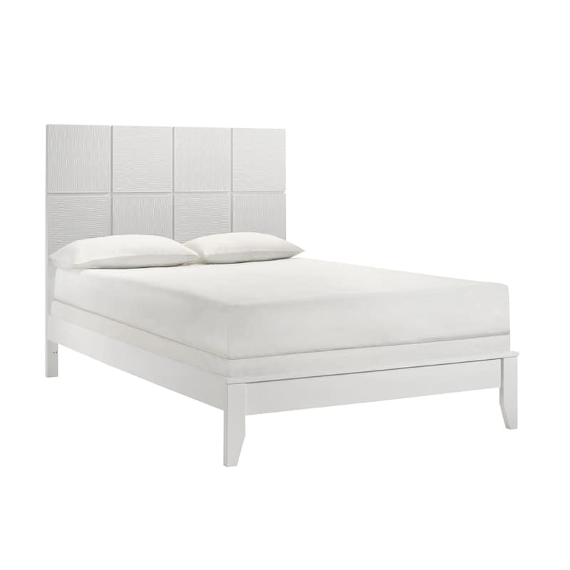 Deny Twin Size Bed w Grid Pattern Headboard, Tapered Front Legs, White