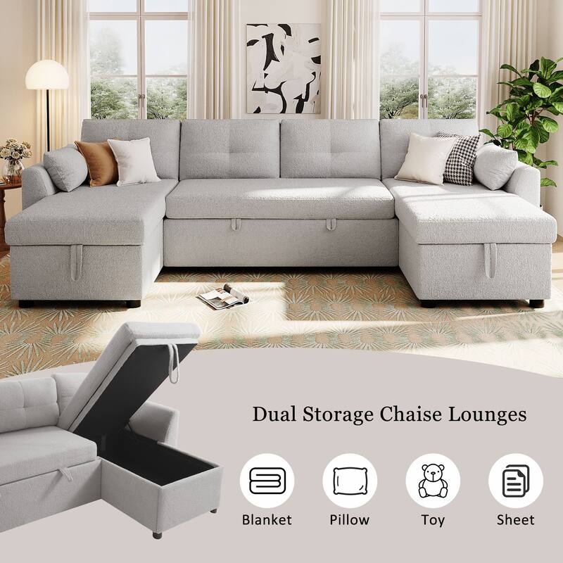 107" U-Shaped Sleeper Sectional Sofa with Storage & USB Ports - Modern Convertible Sofa Bed for Living Room
