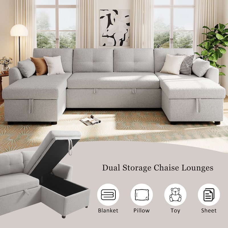 Teddy Fabric Sectional Sofa Convertible Sleeper Sofa Modern U-Shaped Couch Dual Storage Chaise Lounge with Pockets and USB Ports