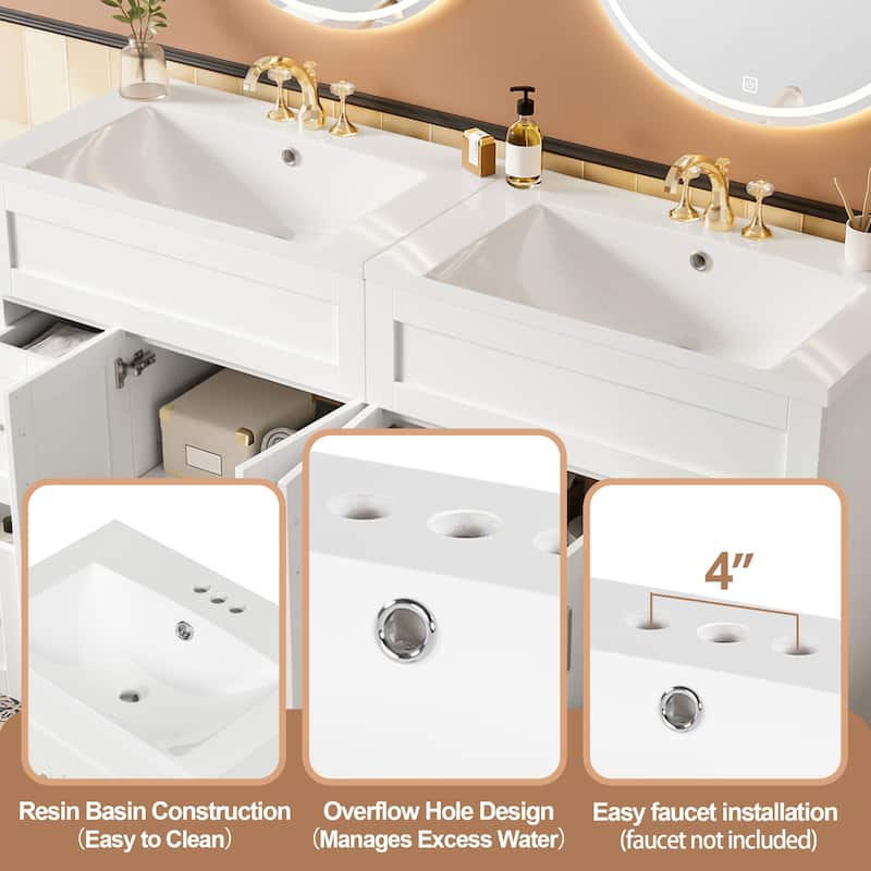 60" Bathroom Vanity with 4 Cabinet Doors, 4 Drawers, 2 Adjustable Shelves, Dual SMC Resin Sinks, Hidden Soft-Close Drawers