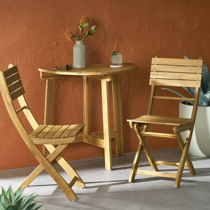 Outdoor Acacia Wood 3 Piece Half Round Folding Bistro Set, Natural - Natural