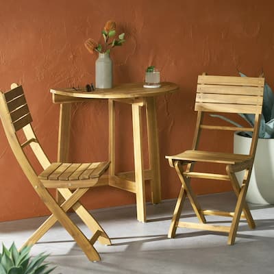 Outdoor Acacia Wood 3 Piece Half Round Folding Bistro Set, Natural
