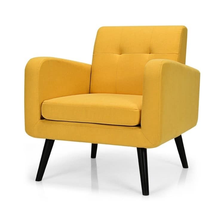 Mid-Century Modern Linen Upholstered Accent Chair with Wooden Legs - 29.5 L x 29.5 W x 32.5 H (inches) - Yellow