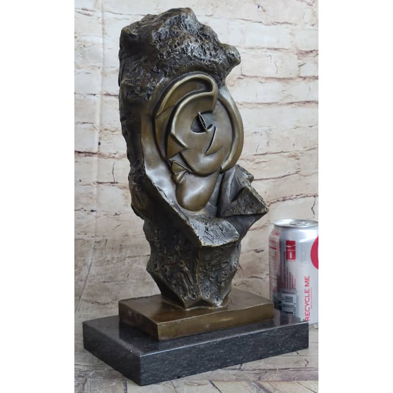Handmade Abstract Bronze Face Sculpture Marble Base Modern Cubism Home Statue