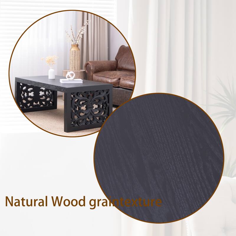 47.2" Solid Black Carved Wood Coffee Table