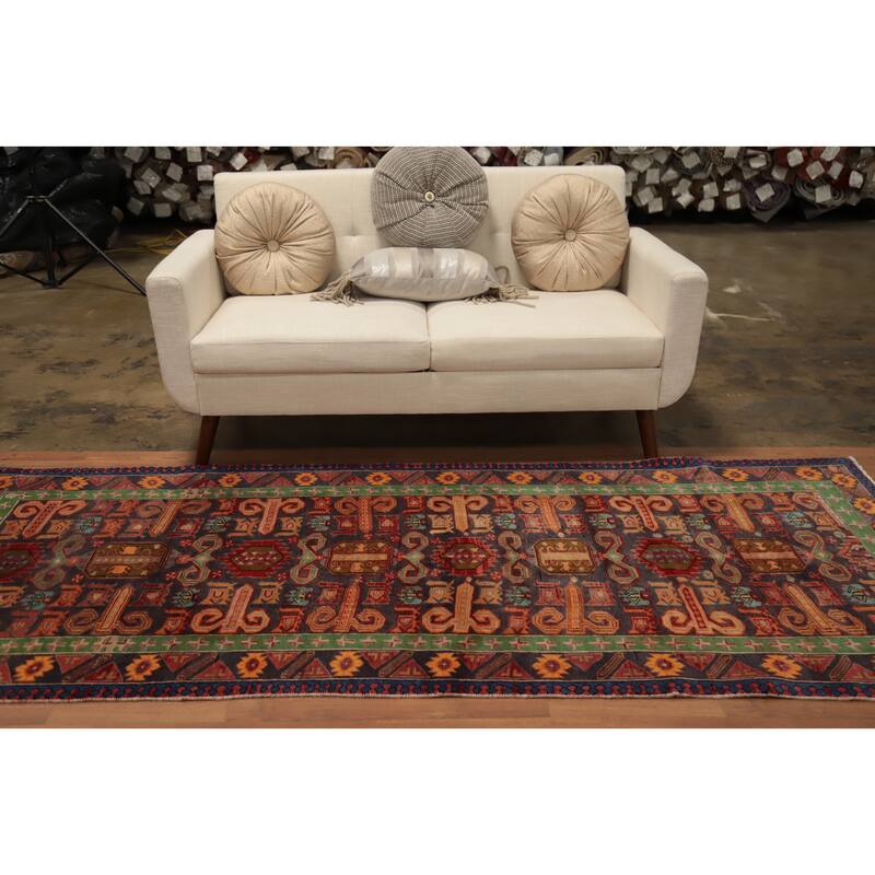 Hand Knotted Oriental 100% Wool Carpet Traditional Geometric Navy Blue & Blues Ardebil Runner Rug - 8' 9'' X 3' 9''