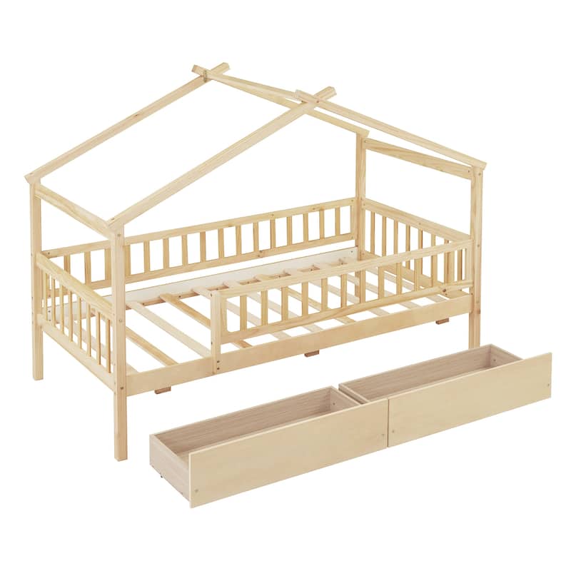 Twin Size Wooden House Bed with Two Drawers, Natural