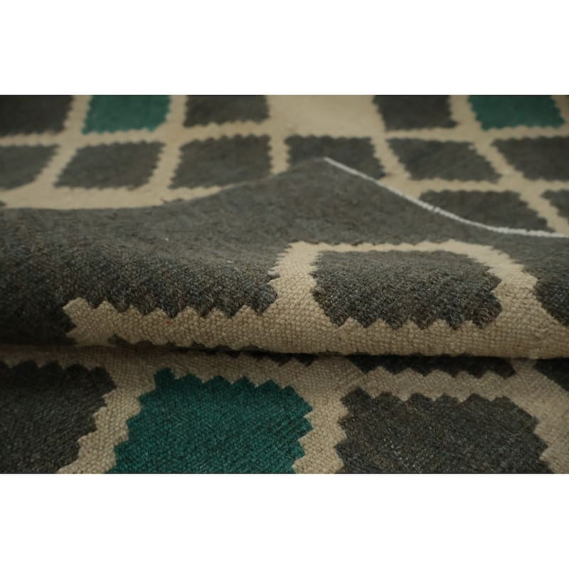 Hand Woven Oriental 100% Wool Carpet Southwestern Tribal Greys & Charcoal Kilim Area Rug - 9' 9'' X 6' 9''