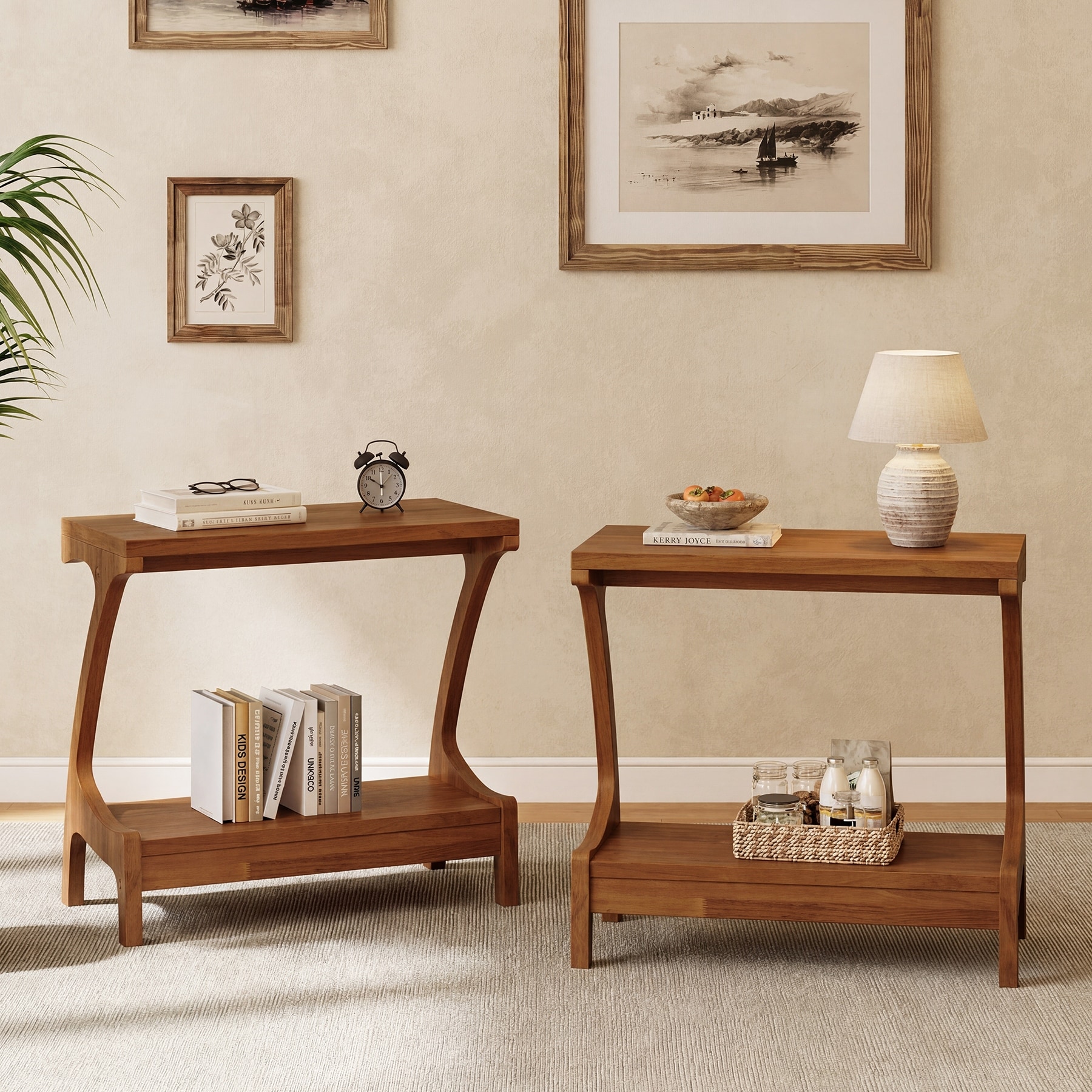 Solid Wood End Table Set of 2, Sofa Side Table with 2-Tier Storage