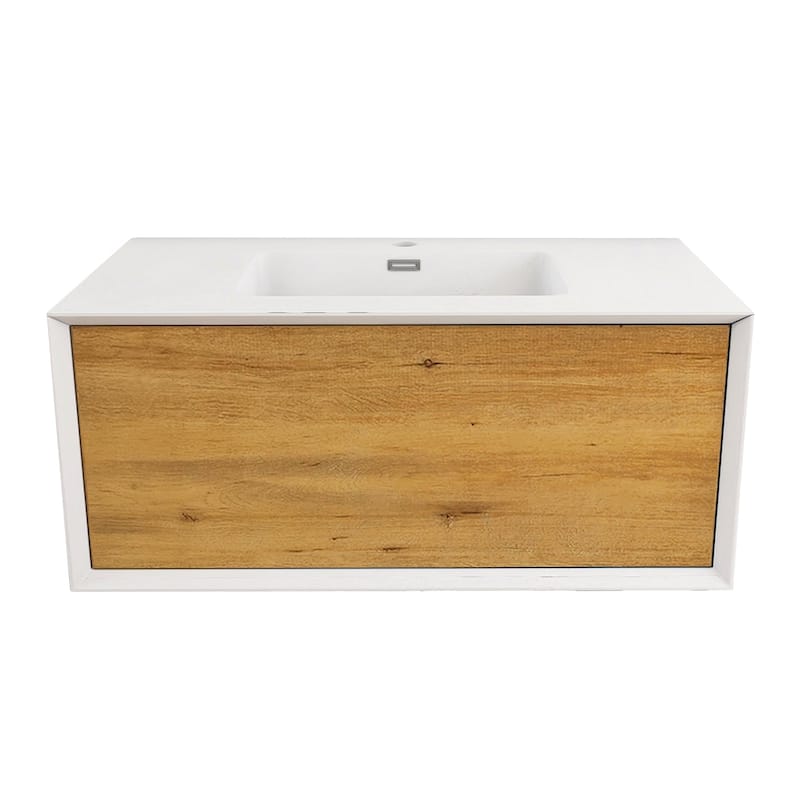 Wall-Mounted 1-drawer Bathroom Vanity Set in White and Oak with Integrated Solid Surface Sink