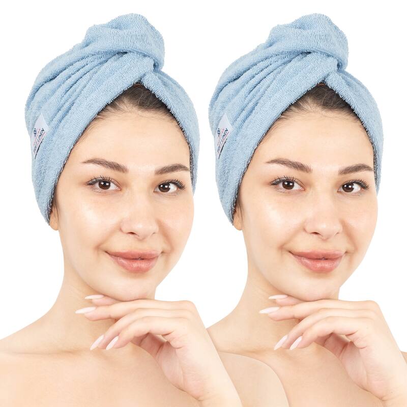 American Soft Linen 100% Cotton Hair Drying Towels for Women, Cotton Hair Turban Turkish Towel Wrap, Head Towel Cap for Hairs - Sky Blue