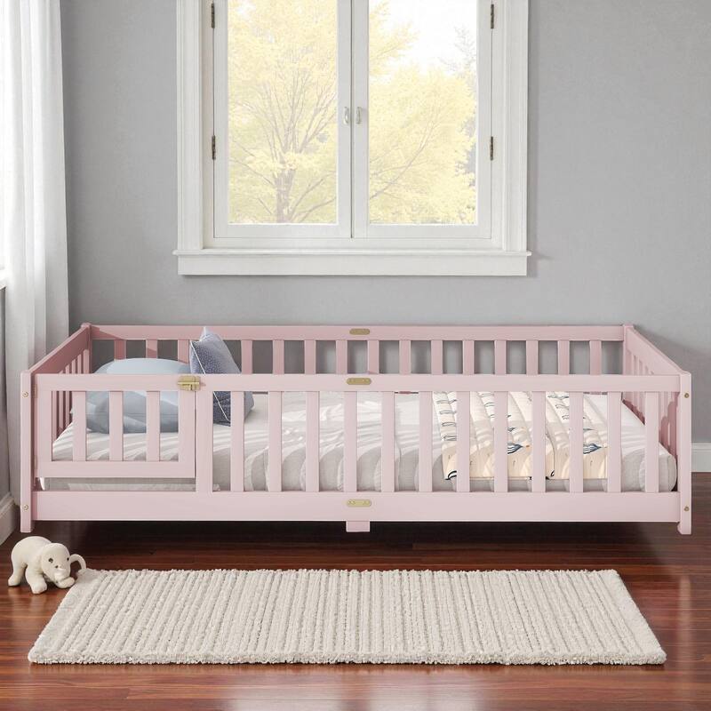 Twin Size Rubber Wood Floor Bed with Fence and Door, Montessori Platform Bed with Safety Guardrails for Kids