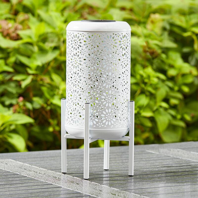 Glitzhome 14"H Outdoor Metal Cutout Flower/Leaves Solar Light Standing Lanterns Waterproof
