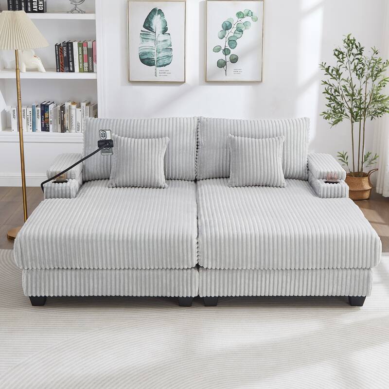 Corduroy Chaise Lounge Sofa Loveseat Sleeper Sofa with Adjustable Backrest, Cup Holders, Phone Holder and Dual Storage Armrest