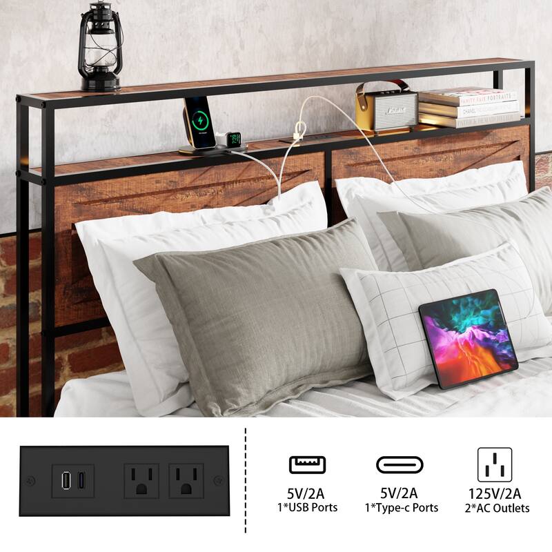 Metal Platform Bed Frame with Storage Headboard, 12 Drawers, RGB LED Lights, Built-in Charging Station, Noise-Free Design