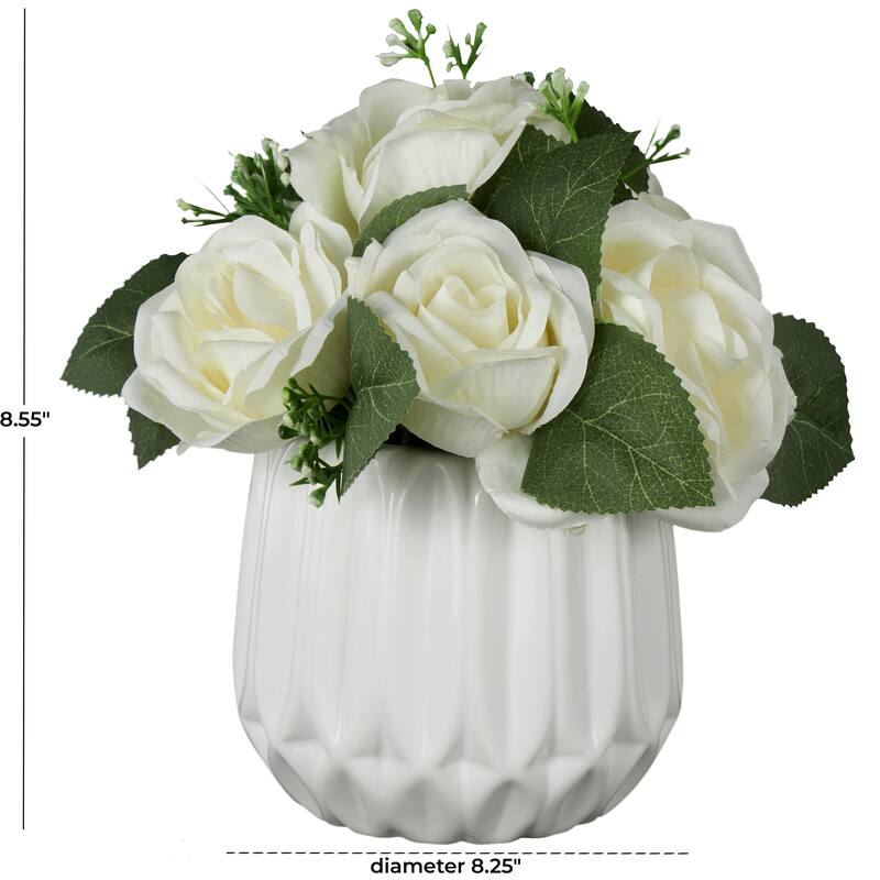 White Fabric Artificial Flower with Green Leaves and Round Ceramic Vase