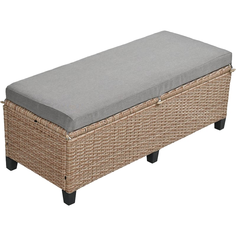 Roomfitters 5-Piece Outdoor Rattan Sofa Set, Patio Sectional Furniture with Dining Table, Storage Bench, Side Trays