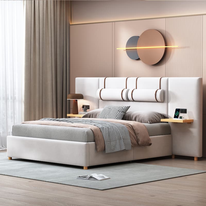 Velvet Upholstered Platform Bed, Wingback Headboard with 2 Bedside Pillows, Wood Panel Bed w/USB Ports & Shelves on Both Sides