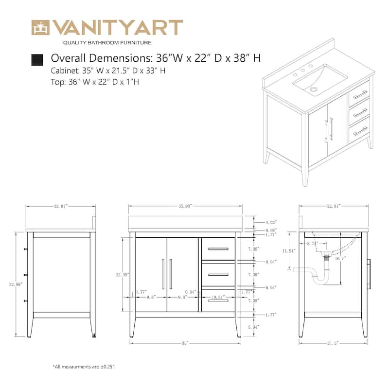 Vanity Art 36" Single Sink Bathroom Vanity Cabinet with Engineered Marble Countertop