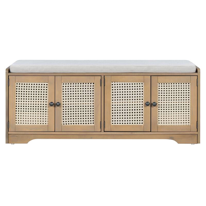 Roomfitters Large Entryway Storage Bench, Boho Rattan Cabinet, Shoe Organizer Seat, Adjustable Shelves