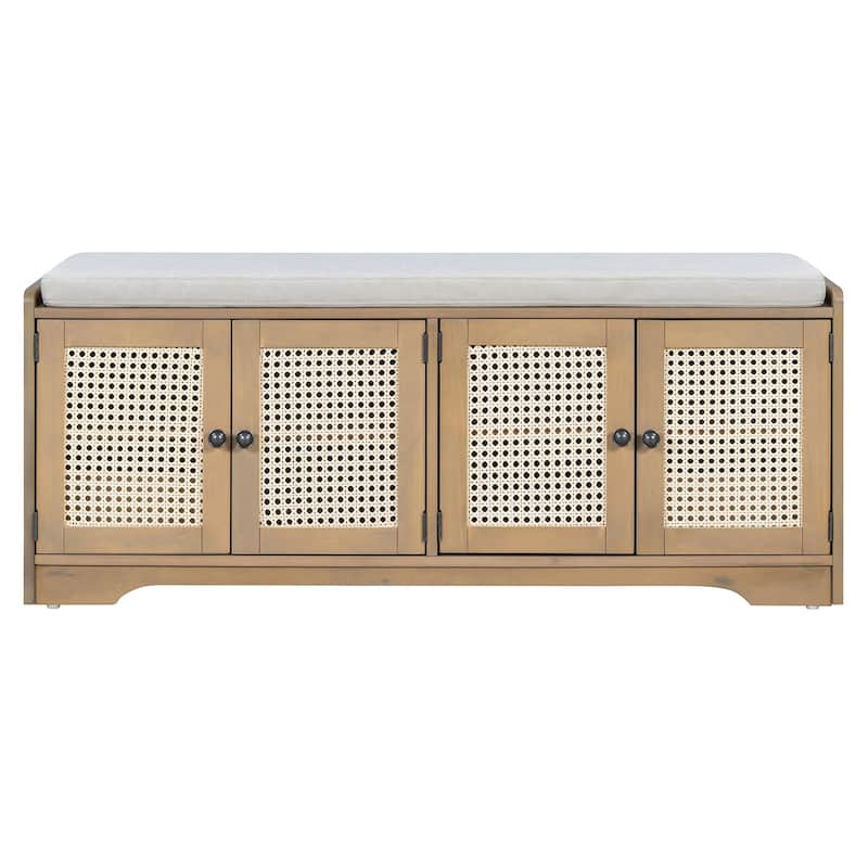 Rustic Storage Bench Multifunctional Wood Entryway Shoe Bench with Removable Cushion, Woven Rattan Doors & Adjustable Shelves