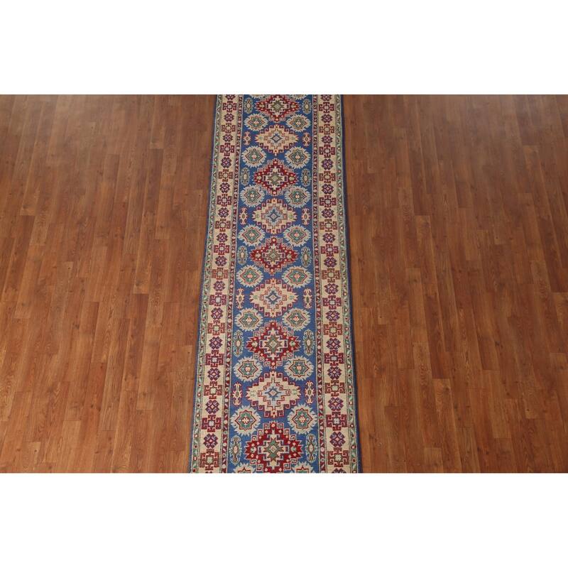 Blue Kazak Runner Rug Hand-Knotted Wool Carpet - 2'7" x 13'2"