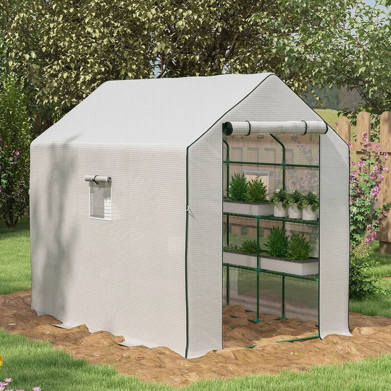 Portable Greenhouse, Water/UV Resistant Walk-In Small Outdoor Greenhouse with 2 Tier U-Shaped Flower Rack Shelves