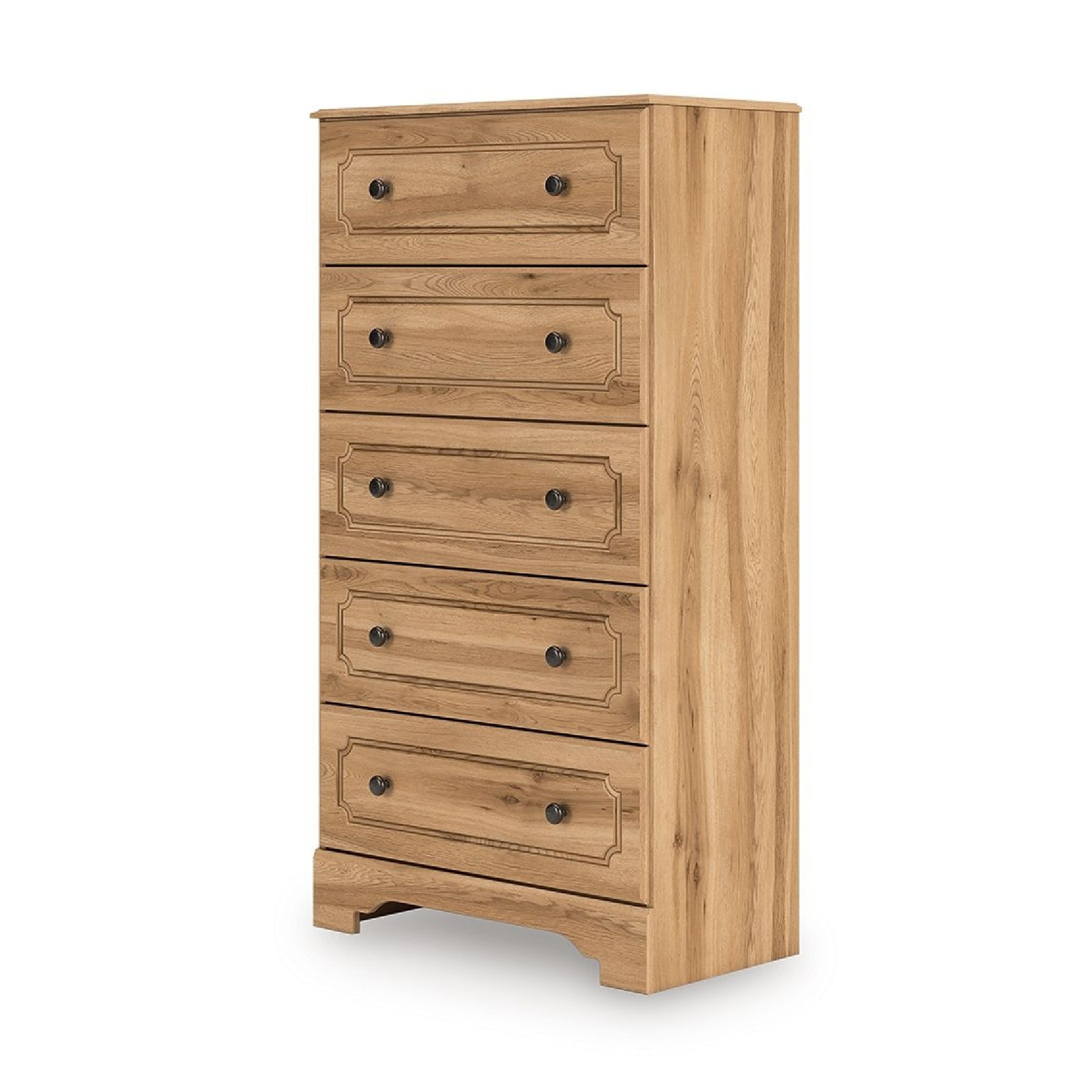 Alia Tall Dresser Chest, 5 Drawers, Nickel Knobs, Natural Oak Brown
