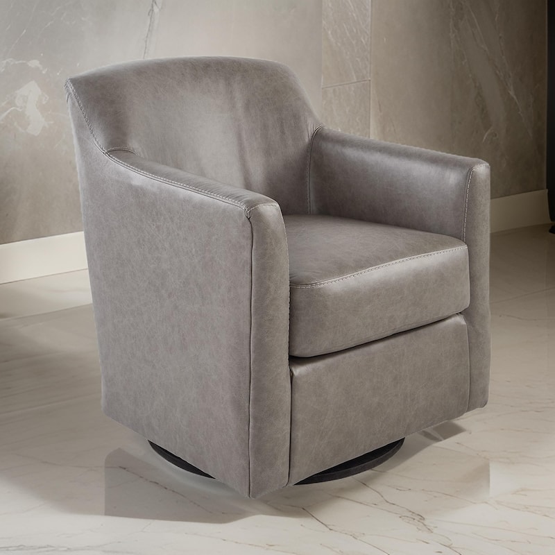 Leena Swivel Accent Chair, Plush Gray Genuine and Faux Leather, Black Metal