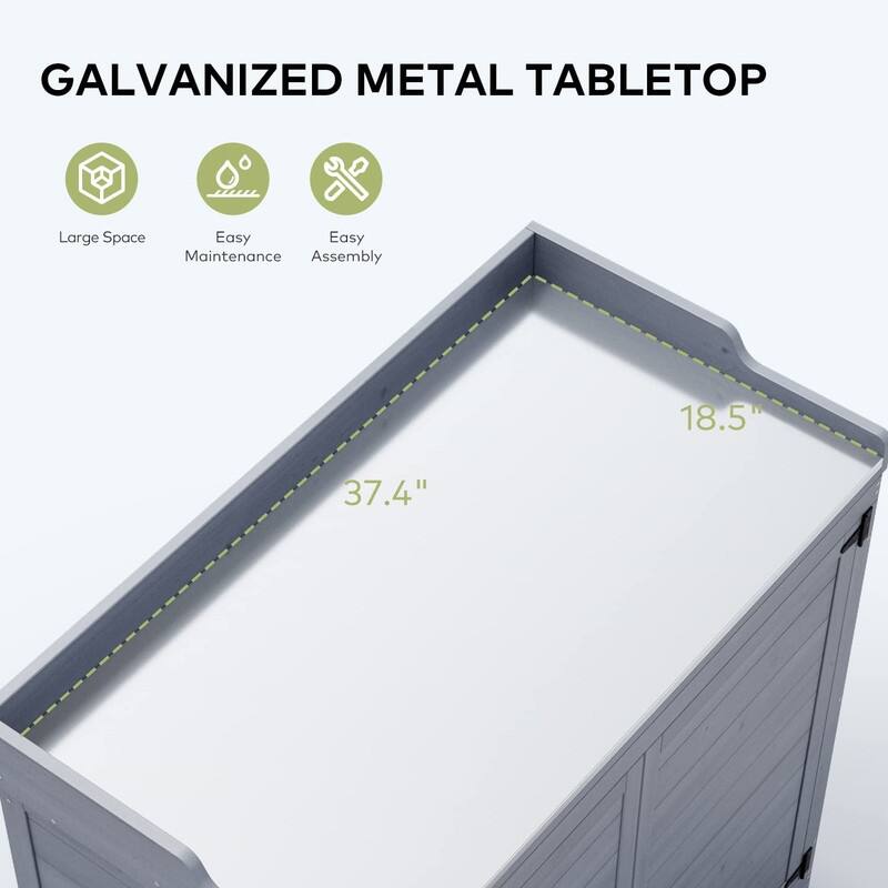 Outdoor Potting Bench with Metal Tabletop, Outdoor Garden Patio Wooden Storage Cabinet with Adjustable Shelf