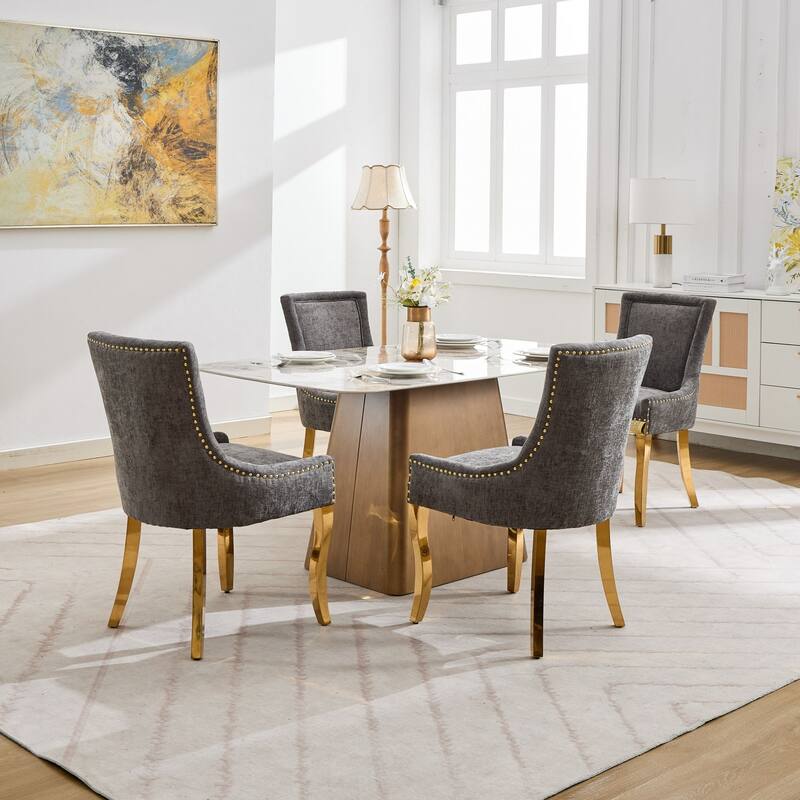 Chenille Dining Chairs, Modern Style with Curved Gold - Plated Legs & Rivet Trim, Upholstered Comfort for Dining/Lounge