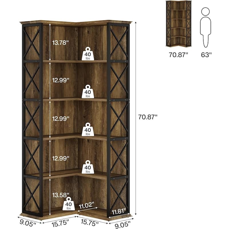71 Inch Tall Corner Shelf, 5-Tier Industrial Corner Bookshelf, Wood and Metal L-Shaped Bookcase with Baffle