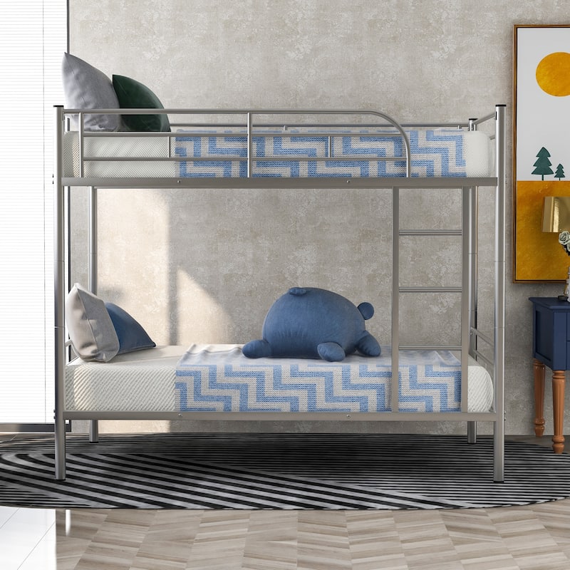 Silver Twin over Twin Metal Bunk Bed with Fence & Ladder