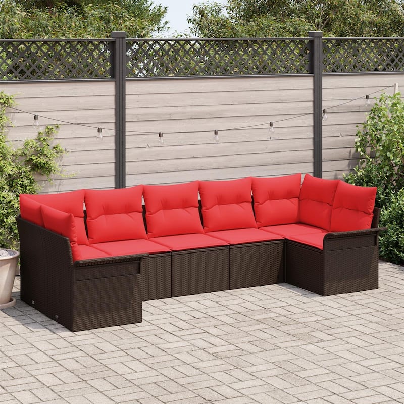 vidaXL 7 Garden Sofa Set with Cushions Black/Brown/Grey Poly Rattan - 113.8 x 52.2 x 27.2 - Brown