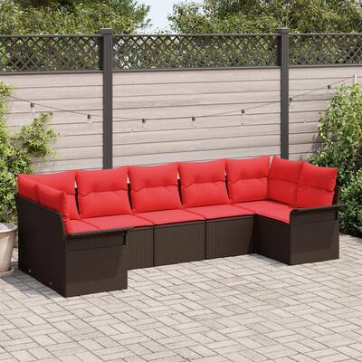 vidaXL 7 Garden Sofa Set with Cushions Black/Brown/Grey Poly Rattan - 113.8 x 52.2 x 27.2