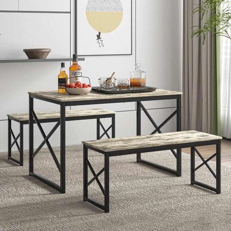 44.3" Dining Table with Benches Kitchen Table set for 4 Rectangular Dining Room Table Set with 2 Metal Wood Benches - Grey