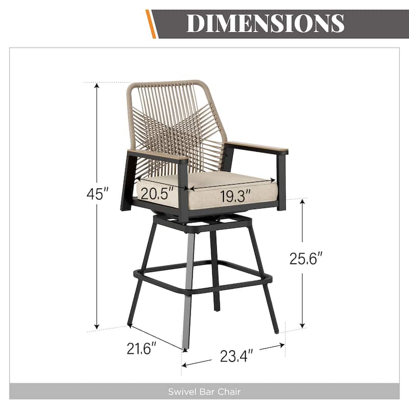 MAISON ARTS Modern Twill Wicker Woven Outdoor Bar Stool Chair Set, Counter Height Stool with Back and Cushion