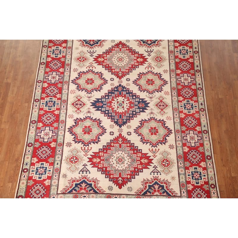 Geometric Kazak Area Rug Hand-Knotted Living Room Wool Carpet - 6'11" x 9'9"