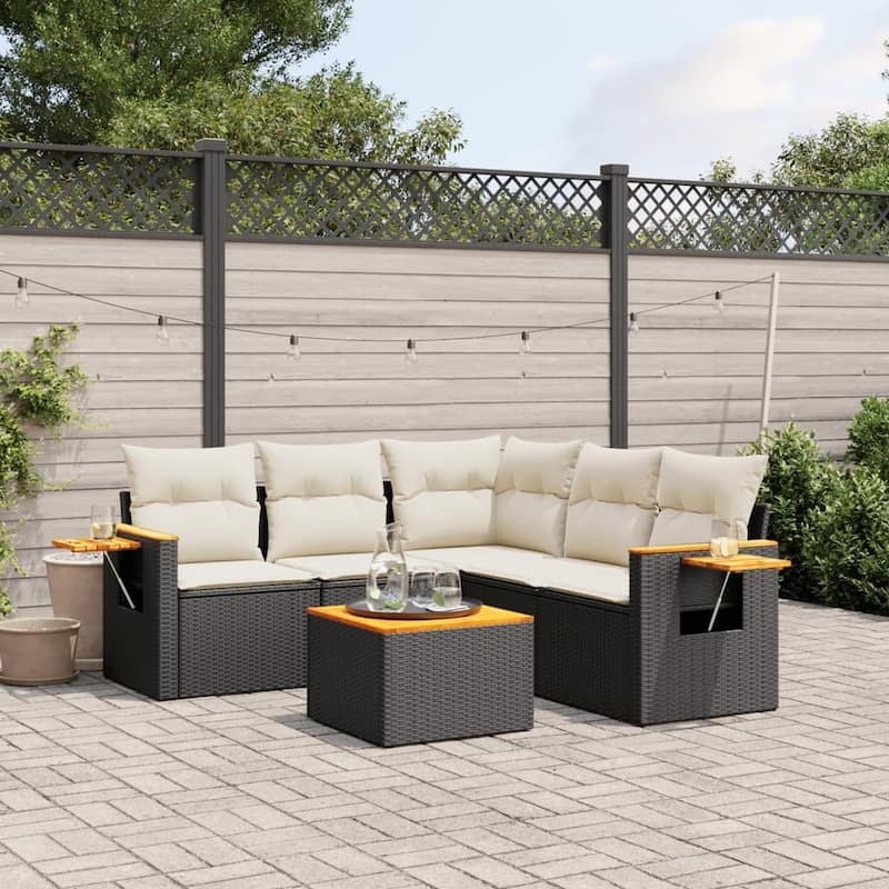 vidaXL Patio Sofa Set with Cushions Outdoor Conversation Furniture Poly Rattan - 24.4 x 33.5 x 27.2 in - Black and cream with table