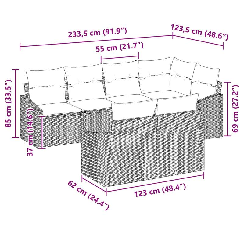 vidaXL 7 Piece Garden Sofa Set with Cushions - 91.9×48.6×27.2
