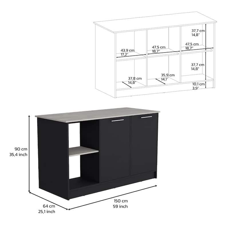 Kitchen Island with Large Countertop, Open Storage Shelves and Double Door Cabinet
