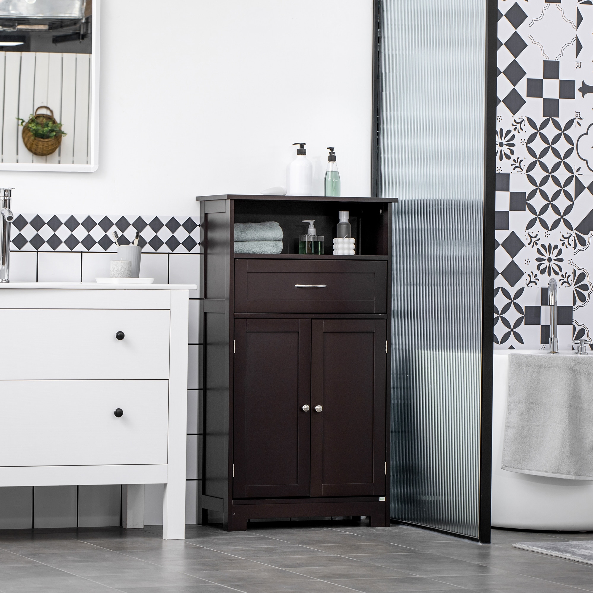 kleankin Modern Bathroom Storage Cabinet Free Standing Cupboard with Drawer and Adjustable Shelf, White