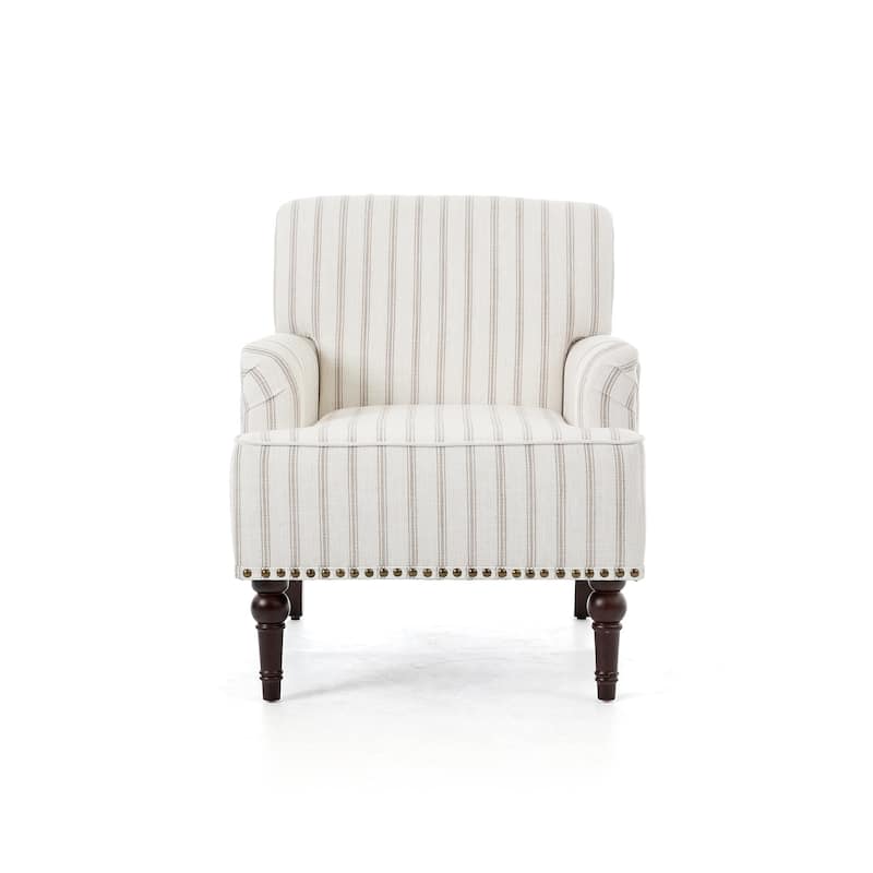 Set 2 Striped Upholstered Linen Armchair with Brass Nailhead Trim